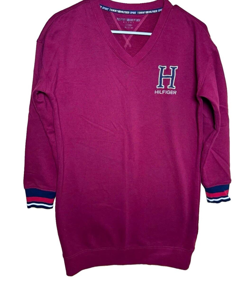 Tommy Hilfiger Men's Solid Burgundy V-Neck Pullover Sweater Cotton Fleece XS